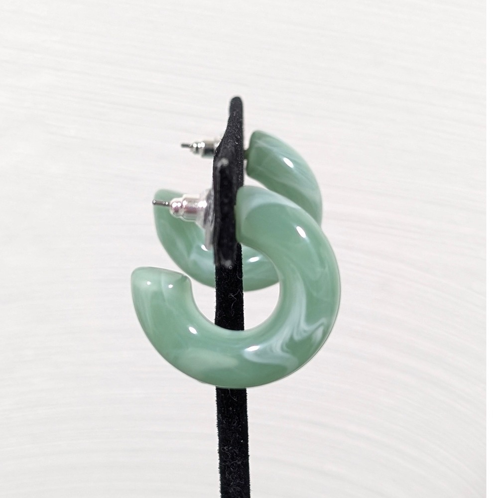 Mint Green Faux Jade Acrylic Hoop Earrings Pierced Marble Resin Boho